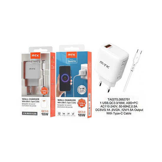 CARREGADOR ADAPTADOR RÁPIDO MTK TA0270 BL COM TIPO C 1 PORTAS USB BRANCO